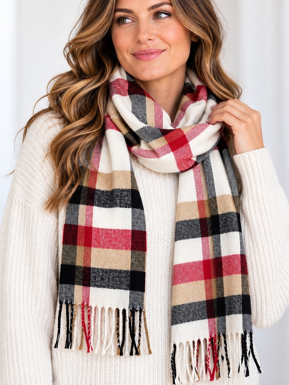 Cashmere Feel Italy Design Plaid Scarf 100% Acrylic Red Black Tan Ivory Fringe